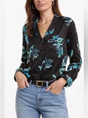 The Kooples Teal Floral Silk Style Blouse Size 3 Medium NWT